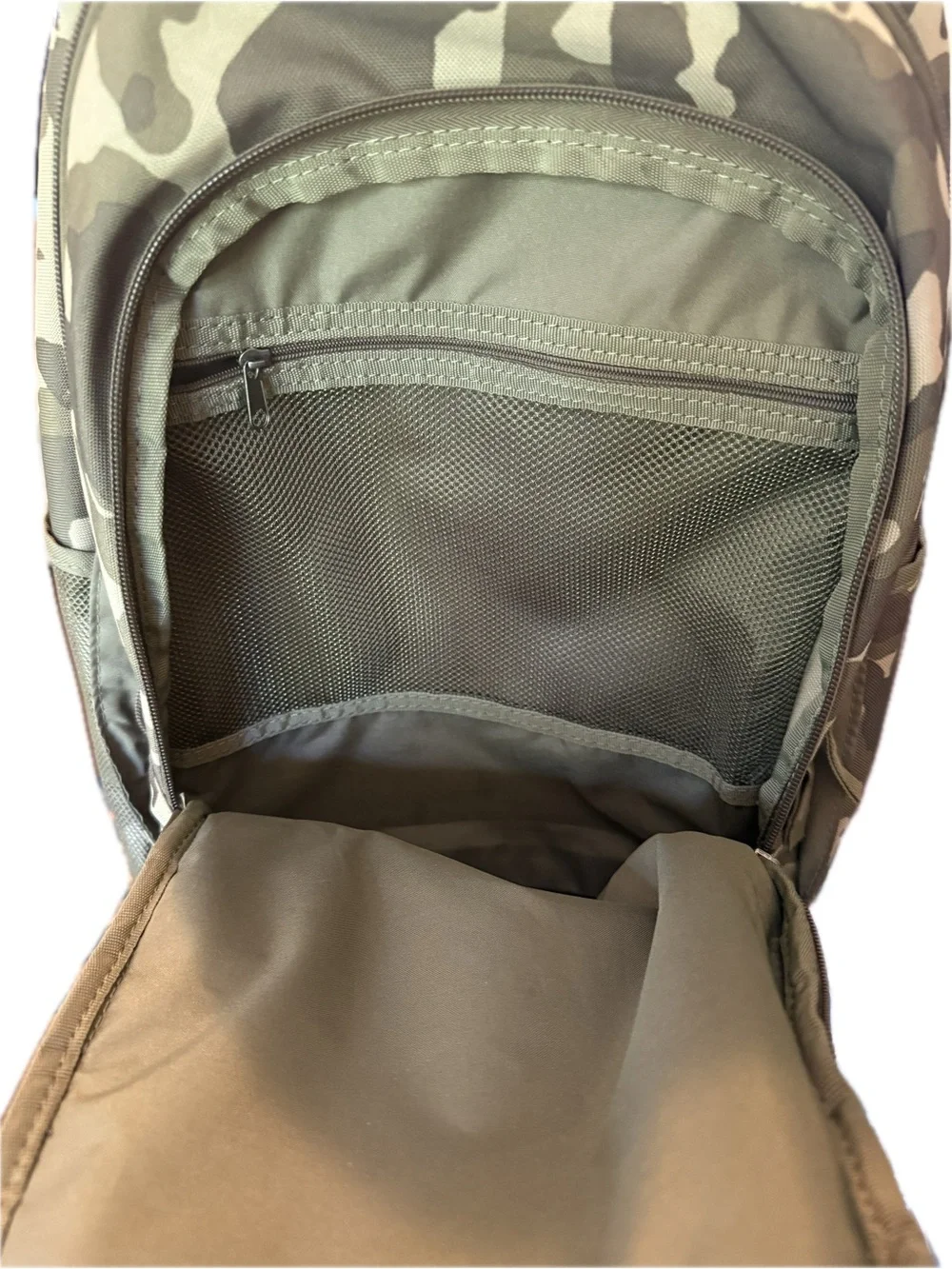 Nike Camo Backpack with White Logo and Olive Accents